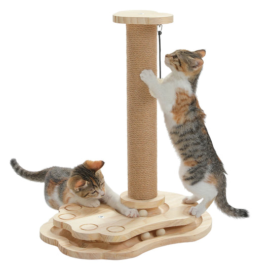 Katzen-Kratzbaum mit Spielbrett | Holzdesign mit Sisal-Säule & interaktiven Spielkugeln