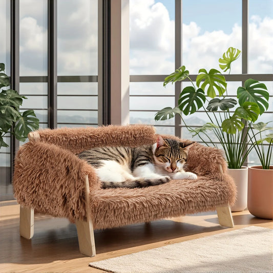 Haustiersofa aus Holz & Plüsch | Bequemes Katzen- & Hundesofa mit erhöhtem Rand – stilvolles Design