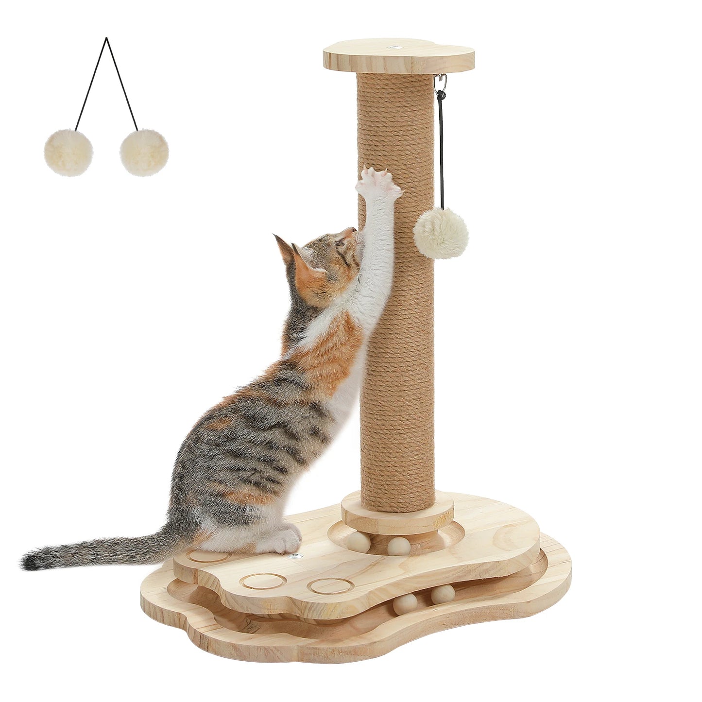 Katzen-Kratzbaum mit Spielbrett | Holzdesign mit Sisal-Säule & interaktiven Spielkugeln