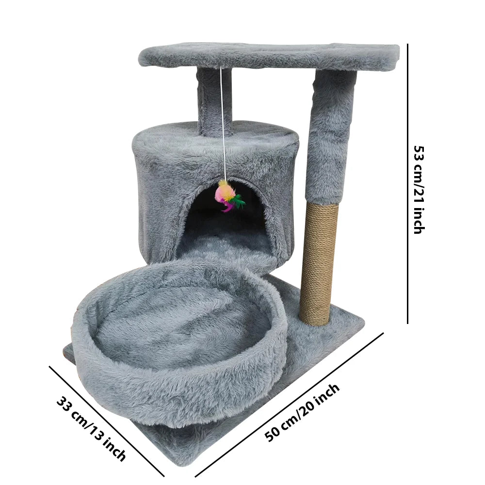 Katzenkratzbaum mit Höhle & Spielball grau | Kuscheliger Kratzbaum mit Liegefläche